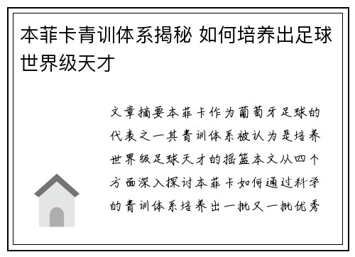 本菲卡青训体系揭秘 如何培养出足球世界级天才